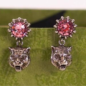 AUTHENTIC ✨$650 GUCCI Pink Crystal Stud Silver Tone FELINE TIGER Dangle EARRINGS